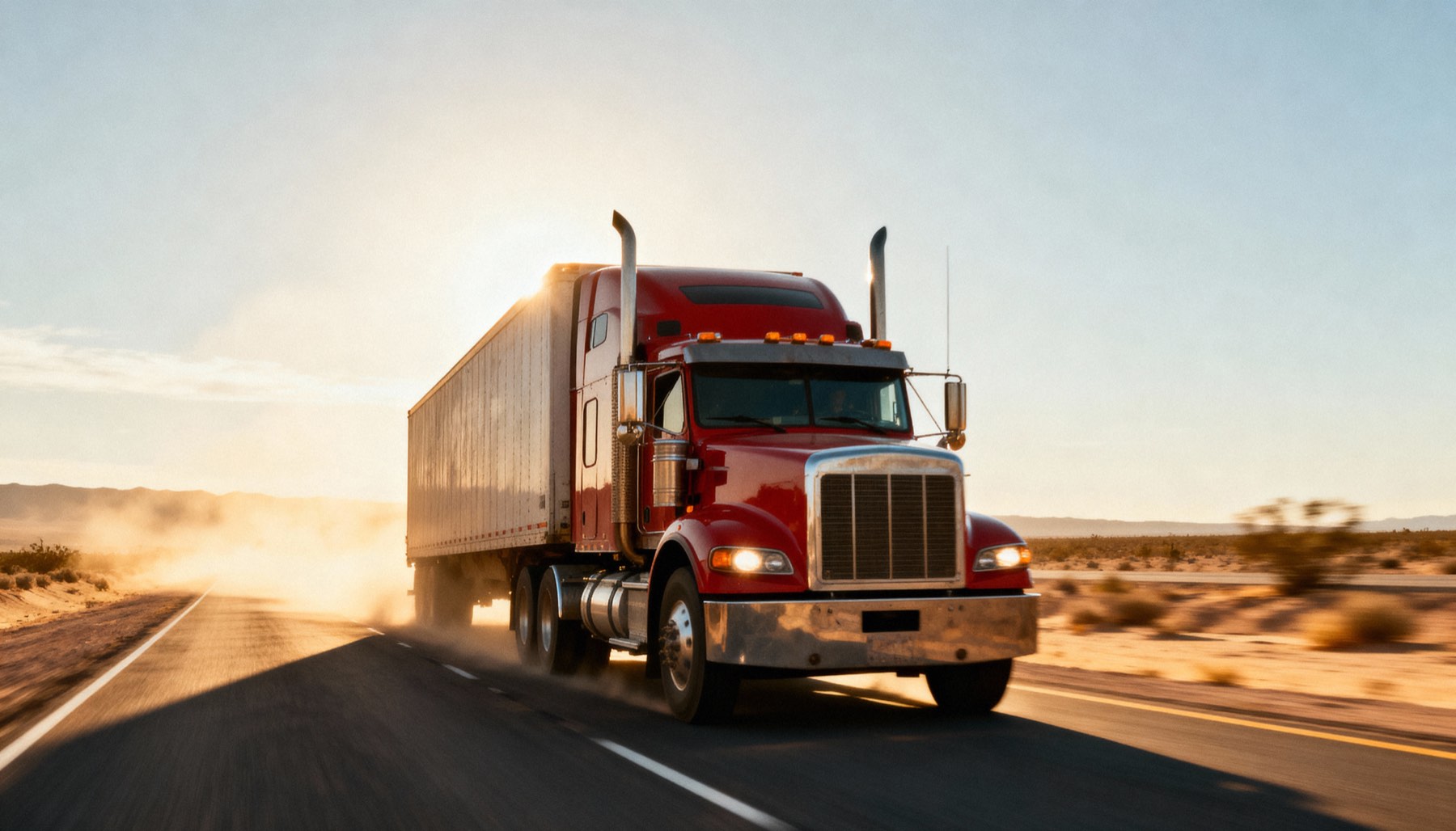 Semi truck driving on a highway at sunset