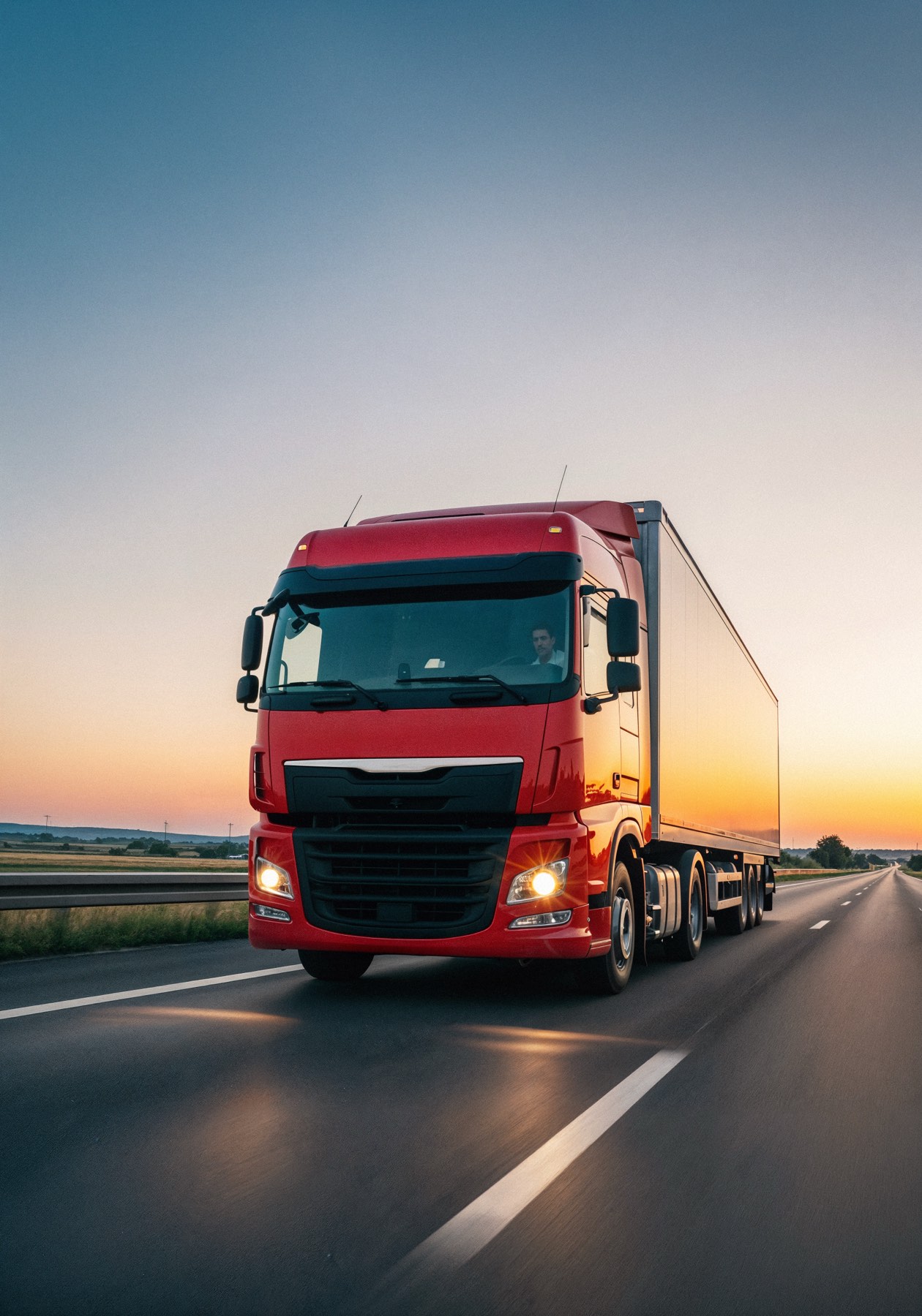 Red semi truck driving on a highway